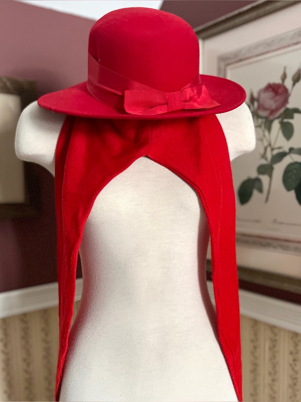 ❤️ VINTAGE Liz Claiborne Red Wool Dress Hat With Bow Ribbon & Attached Scarf 🧣